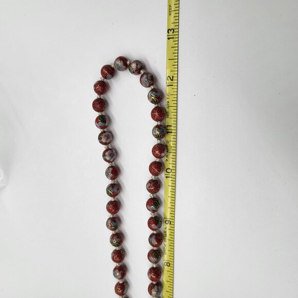 VTG Cloisonne Chinese Beaded Knotted Necklace Red Gold Floral - Picture 6 of 7